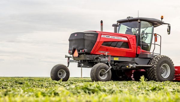 Hesston by Massey Ferguson WR65 on a bright green field