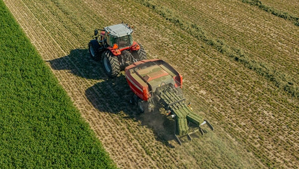 Aerial view of a Hesston by Massey Ferguson SB.1436DB small square baler in operation, producing consistent, dense bales in a freshly cut alfalfa field.