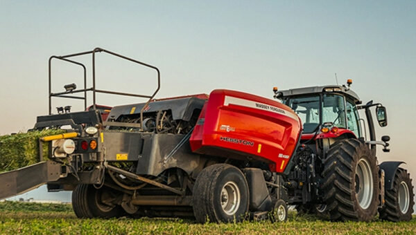 Hesston by Massey Ferguson SB.1436DB small square baler discharging tightly packed bales, designed for high-capacity, efficient hay production.